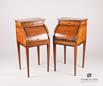 Pair of bedside tables in veneer and checkerboard...