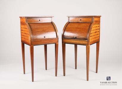 Pair of bedside tables in veneer and checkerboard...