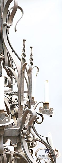 Very important wrought iron chandelier with...