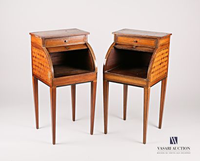 Pair of bedside tables in veneer and checkerboard...
