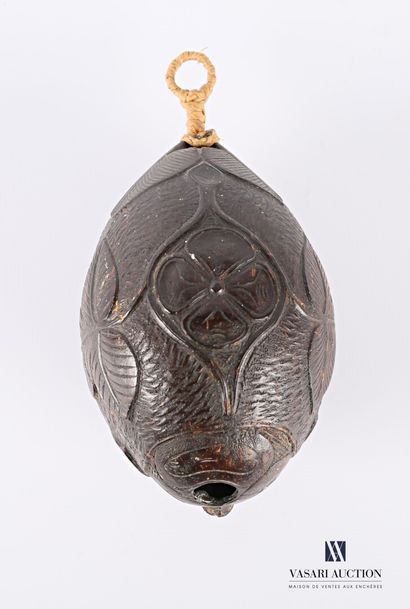 Wooden pendant forming a pod with a carved...