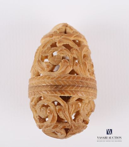 Wooden rosary case carved in an ovoid shape,...