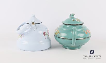 Set comprising two enamelled metal teapots,...