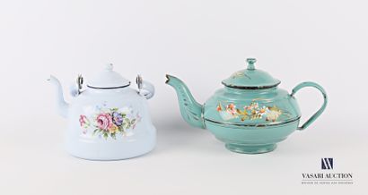Set comprising two enamelled metal teapots,...