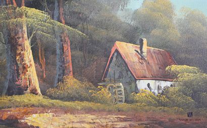 H.Haln ?

Mill on the edge of a pond 

Oil...
