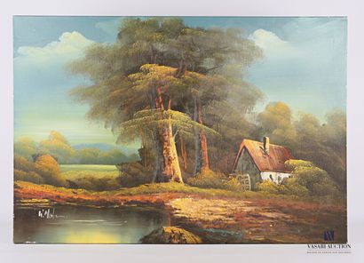H.Haln ?

Mill on the edge of a pond 

Oil...