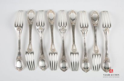 Suite of nine silver forks, the handle hemmed...