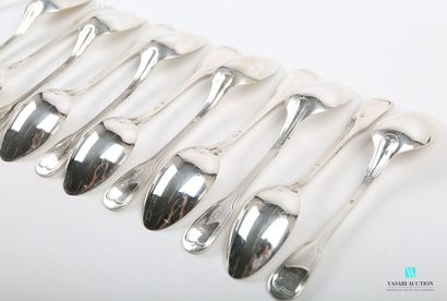 Suite of twelve silver tea spoons, the handle...