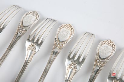 Suite of nine silver forks, the handle hemmed...