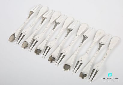 Suite of twelve silver snail forks, the handle...