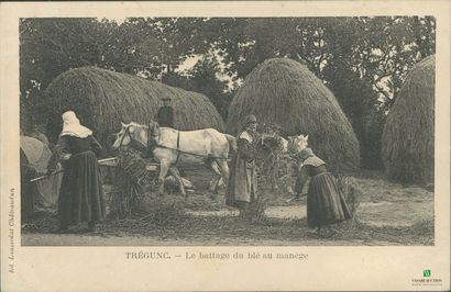 CPA - TREGUNC - Le battage du blé au man...