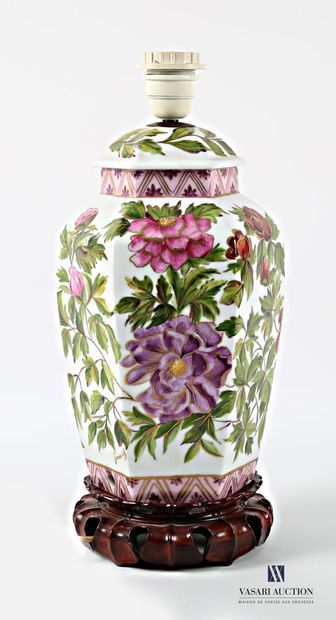 Hexagonal porcelain lamp base with polychrome...