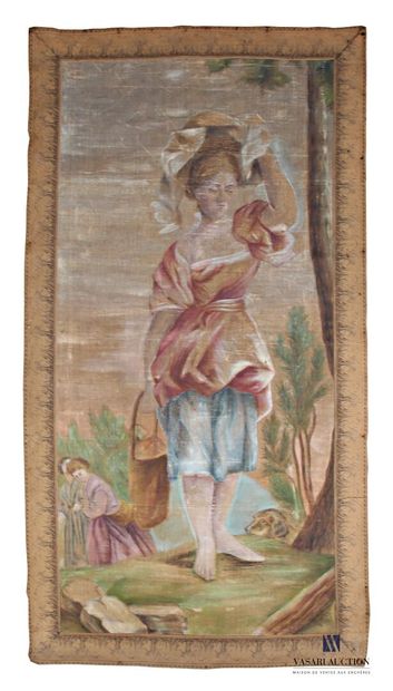 Painted canvas depicting a woman sheltering...
