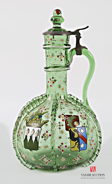Bottle-shaped green blown glass decanter,...