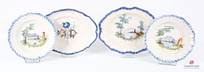 Two plates and an oval dish in enameled earthenware,...