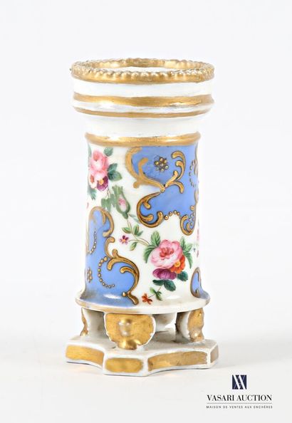 A white porcelain tubular vase with polychrome...