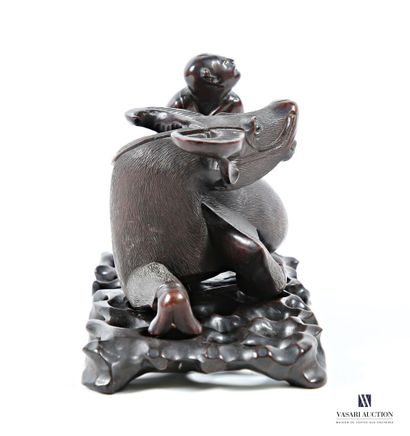 ASIA Carved wood group of a man sitting on...