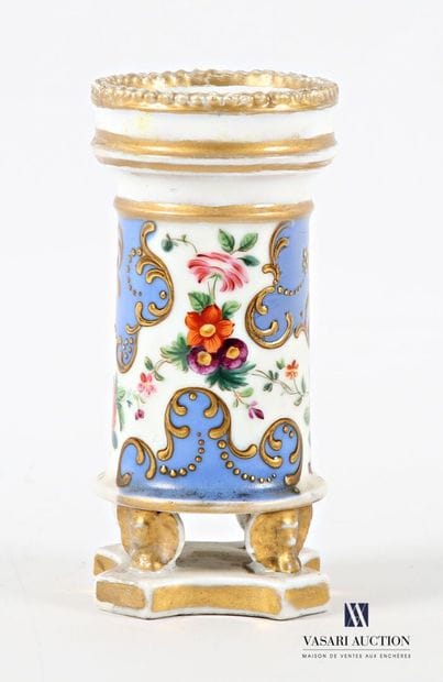 A white porcelain tubular vase with polychrome...