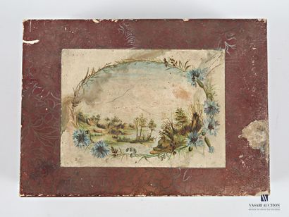 Dark wood box with paper embossed with flower...