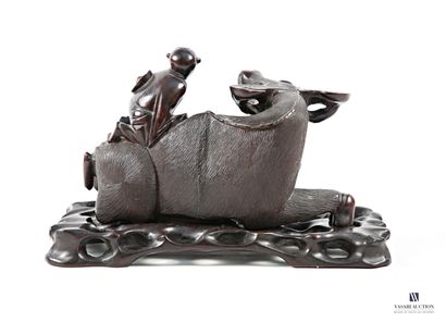 ASIA Carved wood group of a man sitting on...