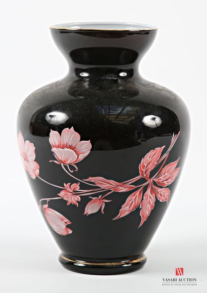 Black opaline glass ovoid vase decorated...