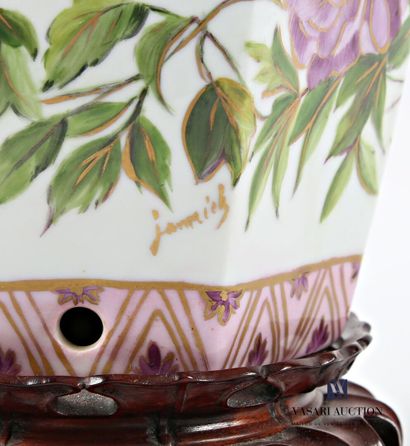 Hexagonal porcelain lamp base with polychrome...