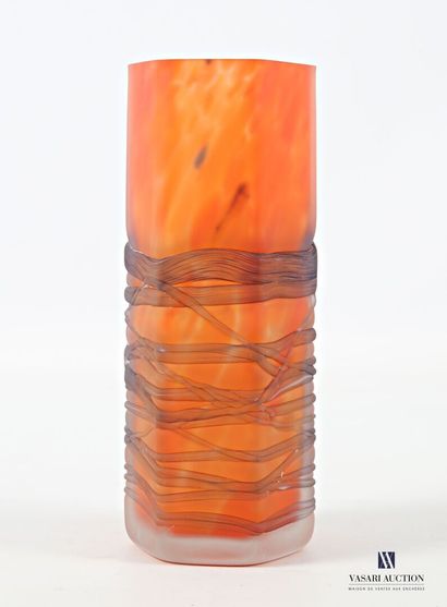 Hexagonal glass vase with orange variegated...