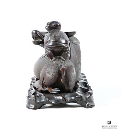 ASIA Carved wood group of a man sitting on...