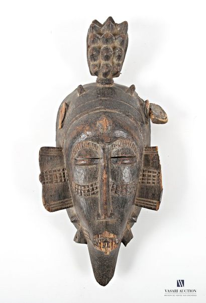 Old mask, wood with brown patina, wear mark...