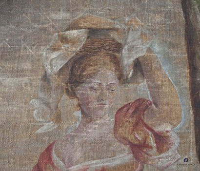 Painted canvas depicting a woman sheltering...