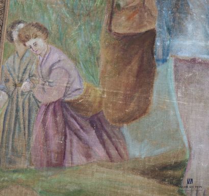 Painted canvas depicting a woman sheltering...