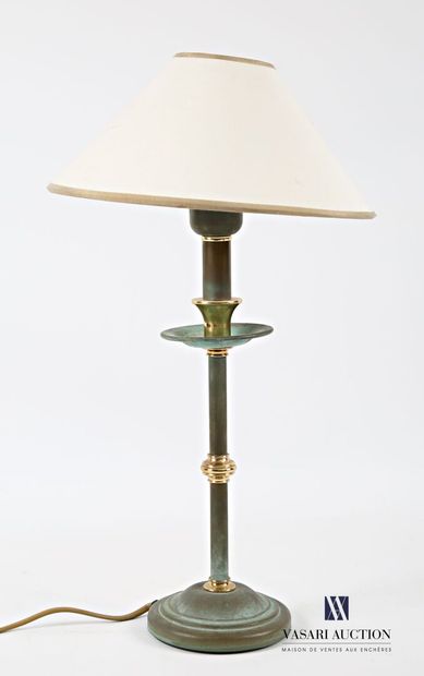 Antique-green patinated metal lamp base adorned...