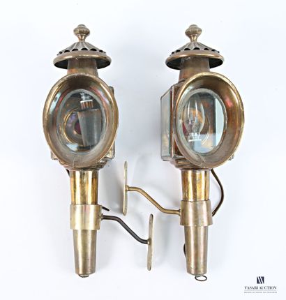 Pair of three-sided brass carriage lanterns....