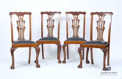 Suite of four mahogany chairs, the openwork...