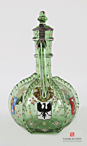 Bottle-shaped green blown glass decanter,...