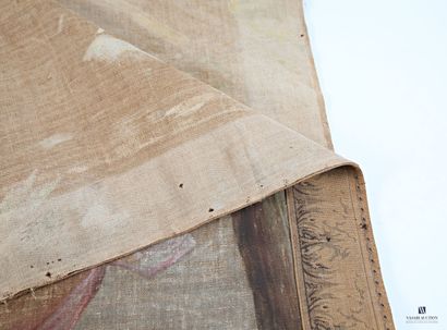 Painted canvas depicting a woman sheltering...