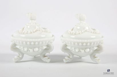 Pair of covered cassolette in molded opaline...