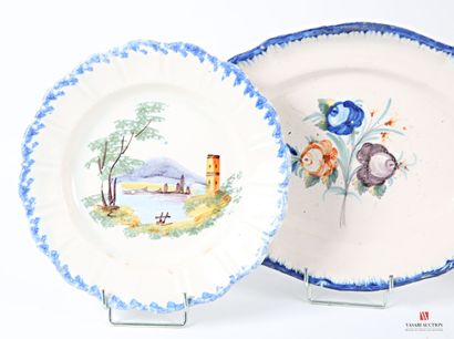 Two plates and an oval dish in enameled earthenware,...