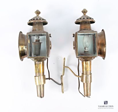 Pair of three-sided brass carriage lanterns....
