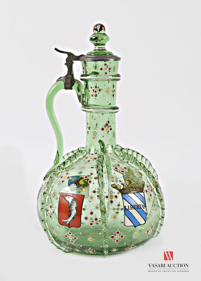 Bottle-shaped green blown glass decanter,...