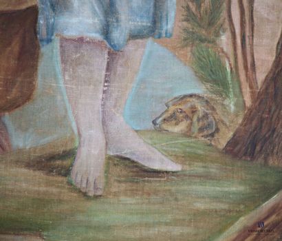 Painted canvas depicting a woman sheltering...