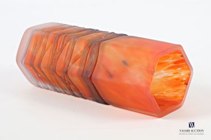 Hexagonal glass vase with orange variegated...
