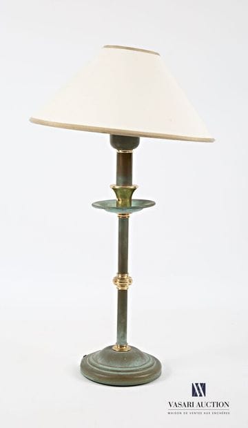 Antique-green patinated metal lamp base adorned...