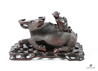 ASIA Carved wood group of a man sitting on...