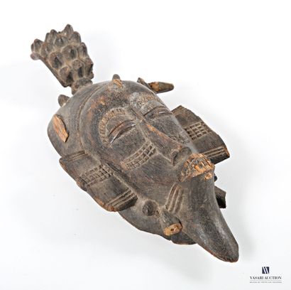 Old mask, wood with brown patina, wear mark...