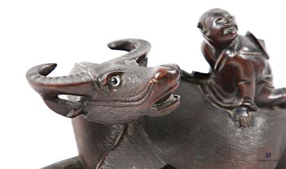 ASIA Carved wood group of a man sitting on...
