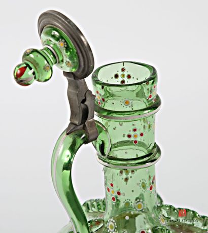 Bottle-shaped green blown glass decanter,...
