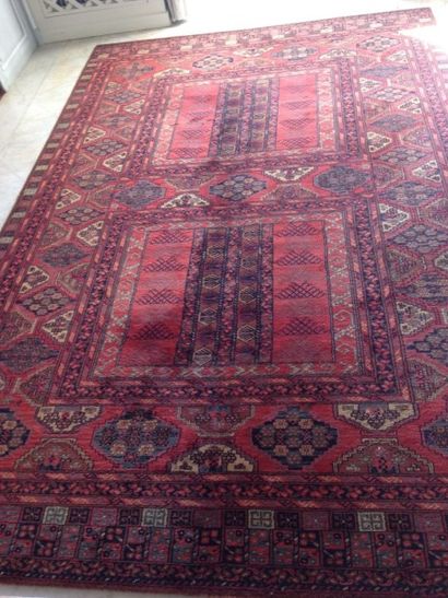 Tapis en laine sur fond bordeaux, mécanique...