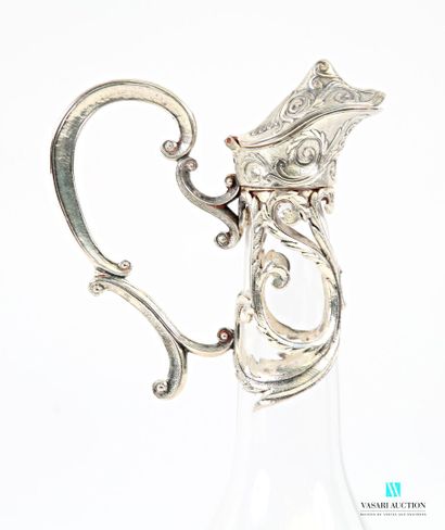Piriform glass decanter, silver-plated openwork...