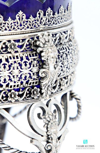 Round silver-plated metal bowl, the openwork...